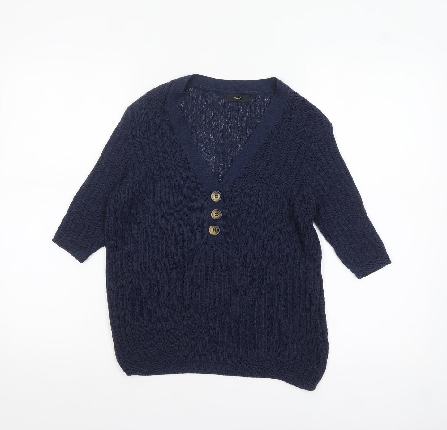 M&Co Women’s Blue Knit V-Neck Button 3/4 Sleeve Blouse Size 14
