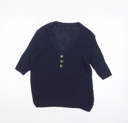 M&Co Women’s Blue Knit V-Neck Button 3/4 Sleeve Blouse Size 14