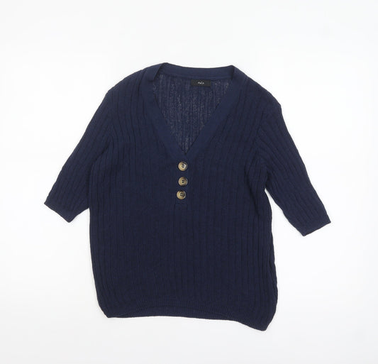 M&Co Women’s Blue Knit V-Neck Button 3/4 Sleeve Blouse Size 14