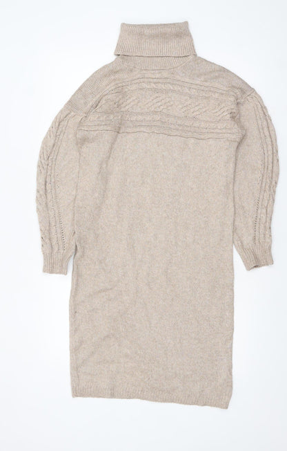 Rachel Zoe Women Beige Roll Neck Cable Knit Long Sleeve Tunic Jumper S