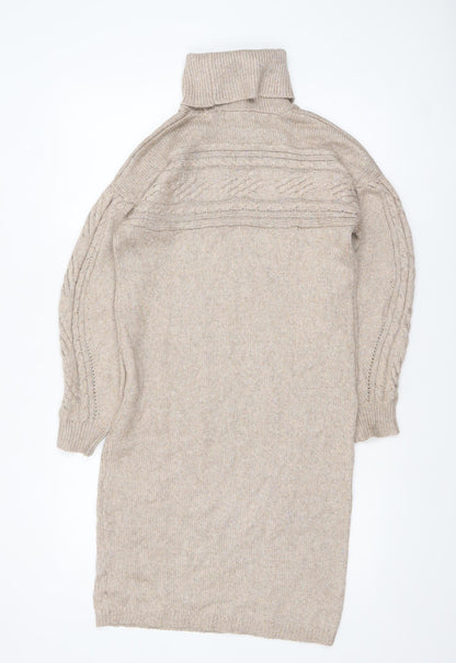 Rachel Zoe Women Beige Roll Neck Cable Knit Long Sleeve Tunic Jumper S