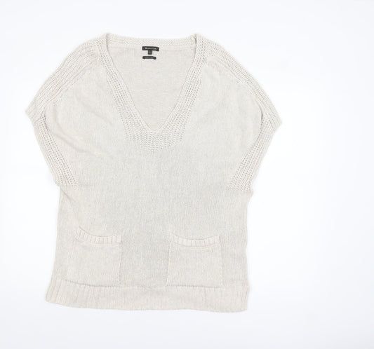 Massimo Dutti Women Beige V-Neck Cotton Blend Knit Jumper Size 12