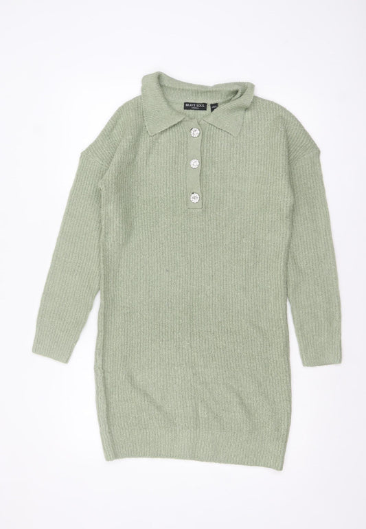 Brave Soul Women's Green Collared Henley Knit Jumper Size 8