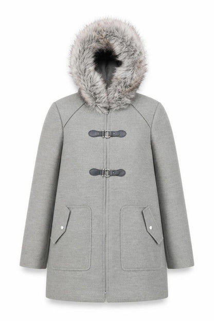 New Look Women's Grey Faux Fur Hooded Duffle Coat Size 10