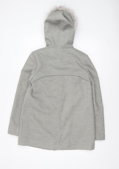 New Look Women's Grey Faux Fur Hooded Duffle Coat Size 10