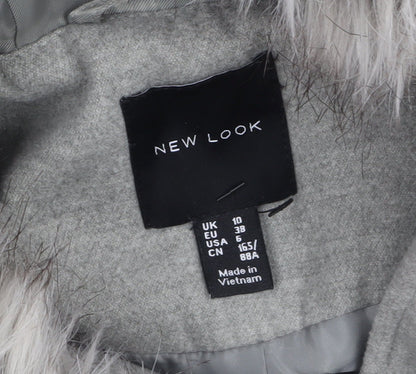 New Look Women's Grey Faux Fur Hooded Duffle Coat Size 10