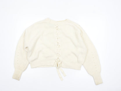 New Look Women Ivory Chunky Knit Bow Detail Jumper Size S