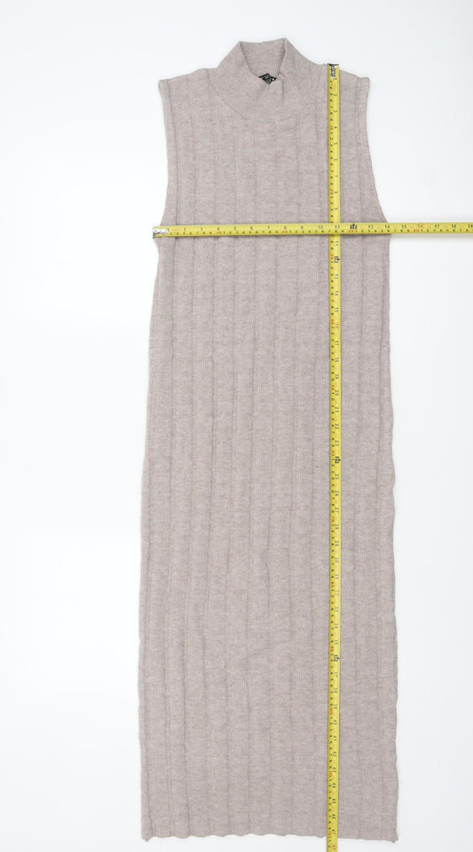 ZARA Women Beige Knit Sleeveless High Neck Midi Tank Dress M