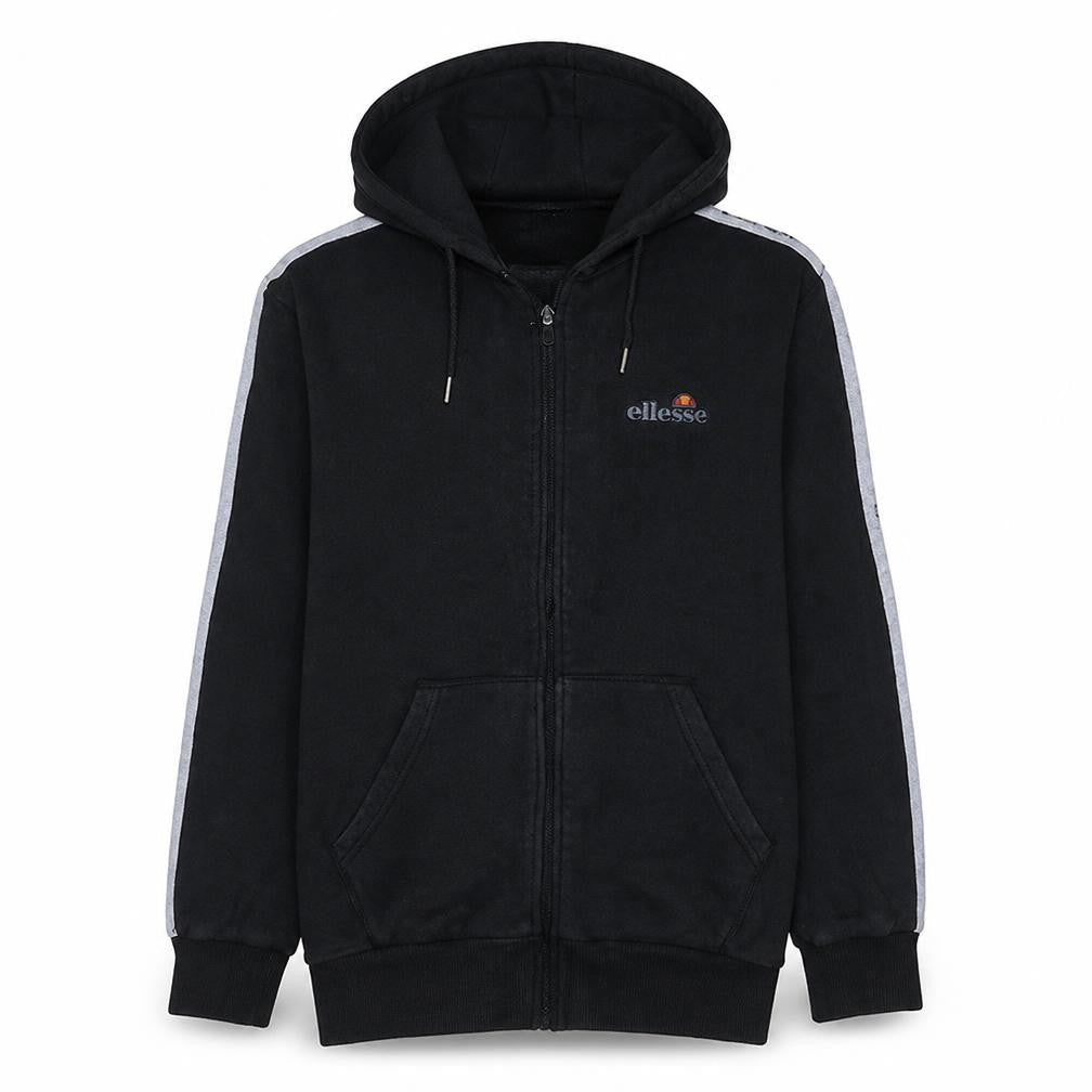 Front view of Ellesse men’s black full zip hoodie, size M, hooded sportswear