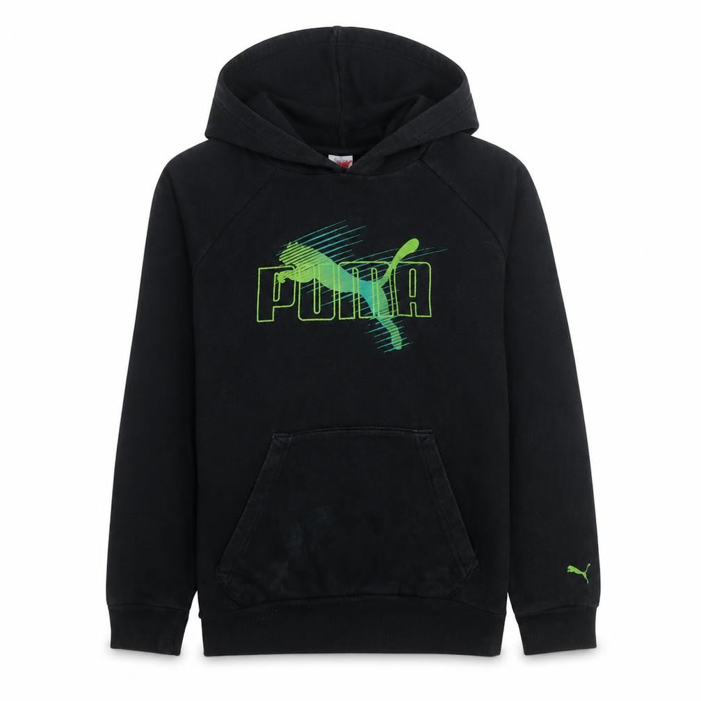 Front view of Puma Teens Black 164 Pullover Hoodie Graphic Sports Cotton Blend