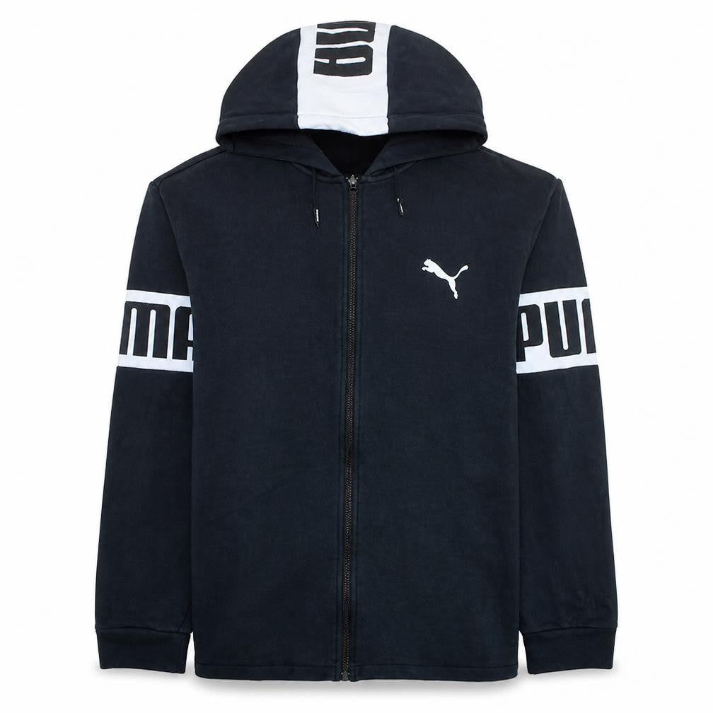 Front view of Puma Men's Black Full Zip Hoodie L Logo Print Sportswear