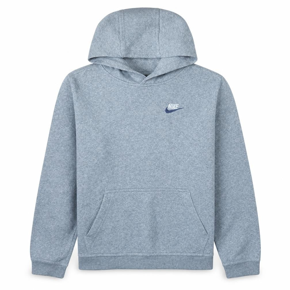 Front view of Nike boys’ grey xl fleece pullover hoodie with logo and kangaroo pocket