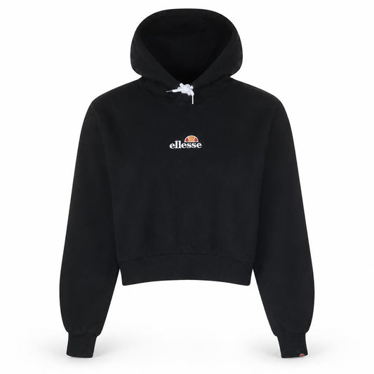 Front view of Ellesse women’s black cropped pullover hoodie, size UK 14