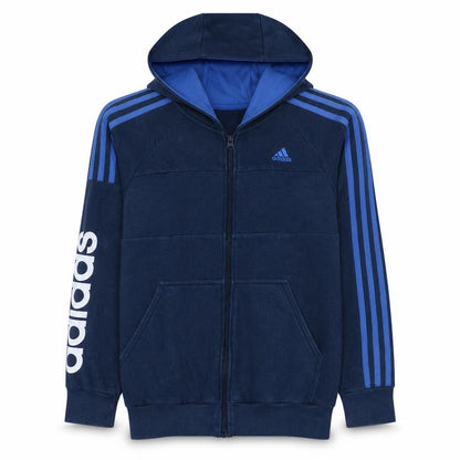 Front view of Adidas boys’ blue full zip hoodie 13-14 years regular fit fleece sweatshirt