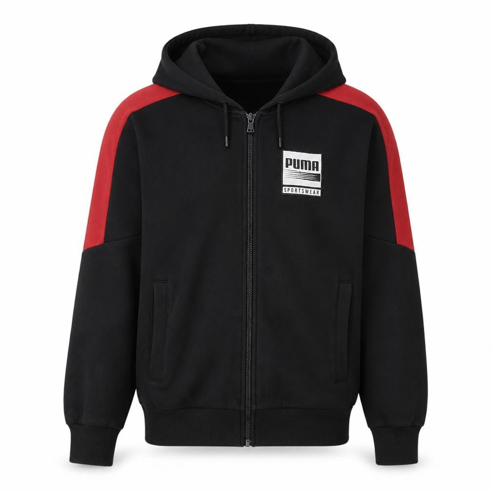 Front view of Puma Men's Black Red Full Zip Hoodie, size M, Sportswear Hooded Sweatshirt