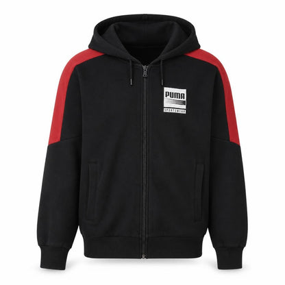 Front view of Puma Men's Black Red Full Zip Hoodie, size M, Sportswear Hooded Sweatshirt