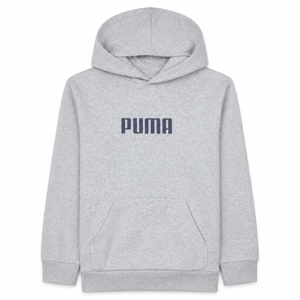 Front view of Puma boys’ grey pullover hoodie, size 14-16, years logo fleece sweatshirt