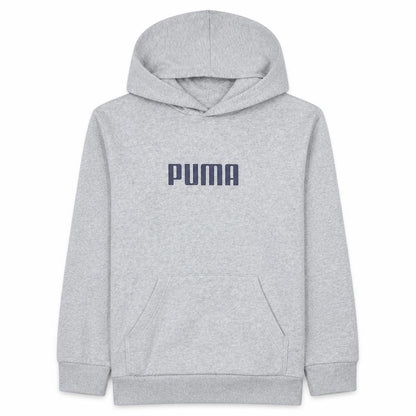 Front view of Puma boys’ grey pullover hoodie, size 14-16, years logo fleece sweatshirt