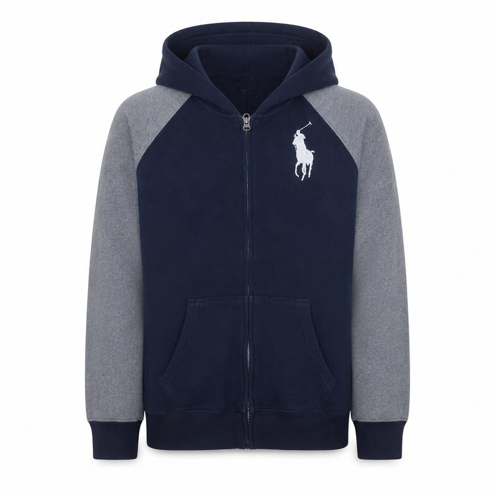 Front view of Ralph Lauren boys’ blue full zip hoodie 14-16 years colourblock fleece