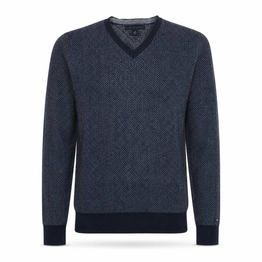 Tommy Hilfiger Men's Blue V-Neck Herringbone Cotton Jumper S