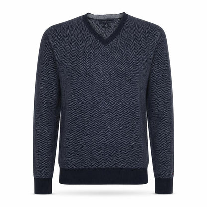 Tommy Hilfiger Men's Blue V-Neck Herringbone Cotton Jumper S