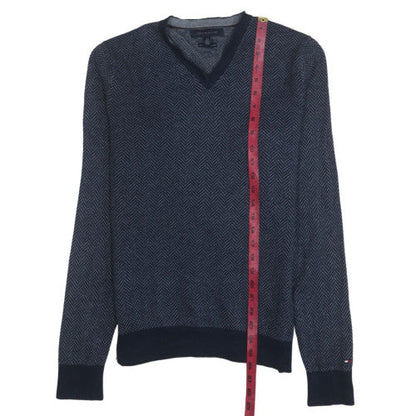 Tommy Hilfiger Men's Blue V-Neck Herringbone Cotton Jumper S