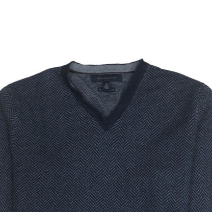 Tommy Hilfiger Men's Blue V-Neck Herringbone Cotton Jumper S