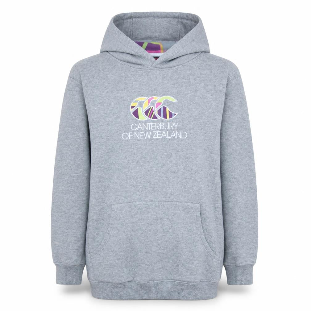 Front view of Canterbury boys’ grey hoodie 14 years pullover fleece logo sweatshirt