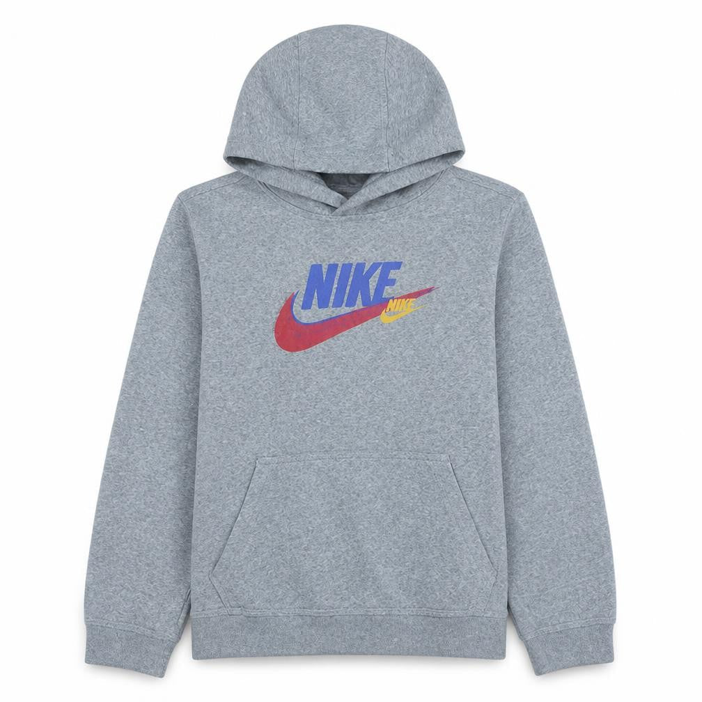 Front view of Nike boys’ grey xl pullover hoodie with logo graphic print fleece
