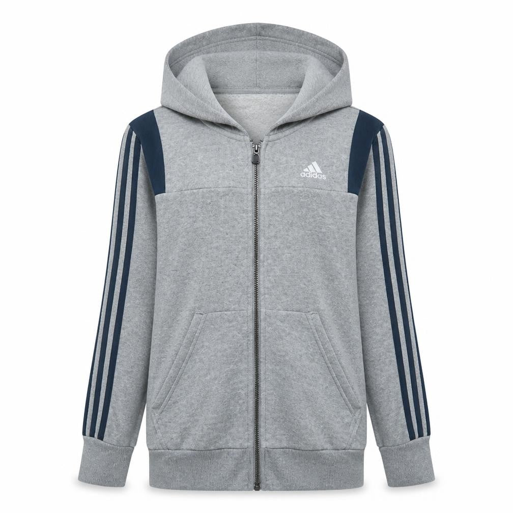 Front view of Adidas Men's Grey Full Zip Hoodie, size S, Sports Fleece