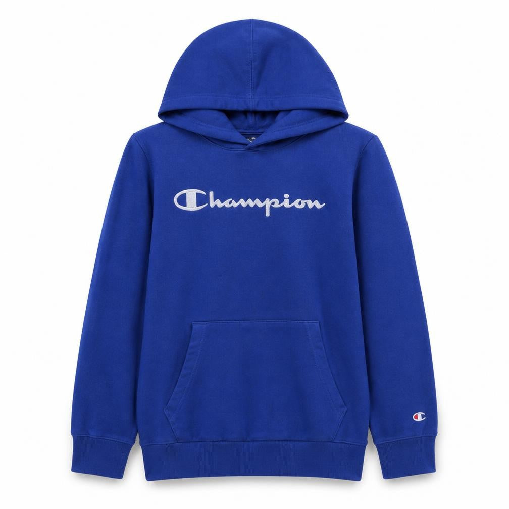 Front view of Champion boys’ blue pullover hoodie 13-14 years fleece logo sweatshirt