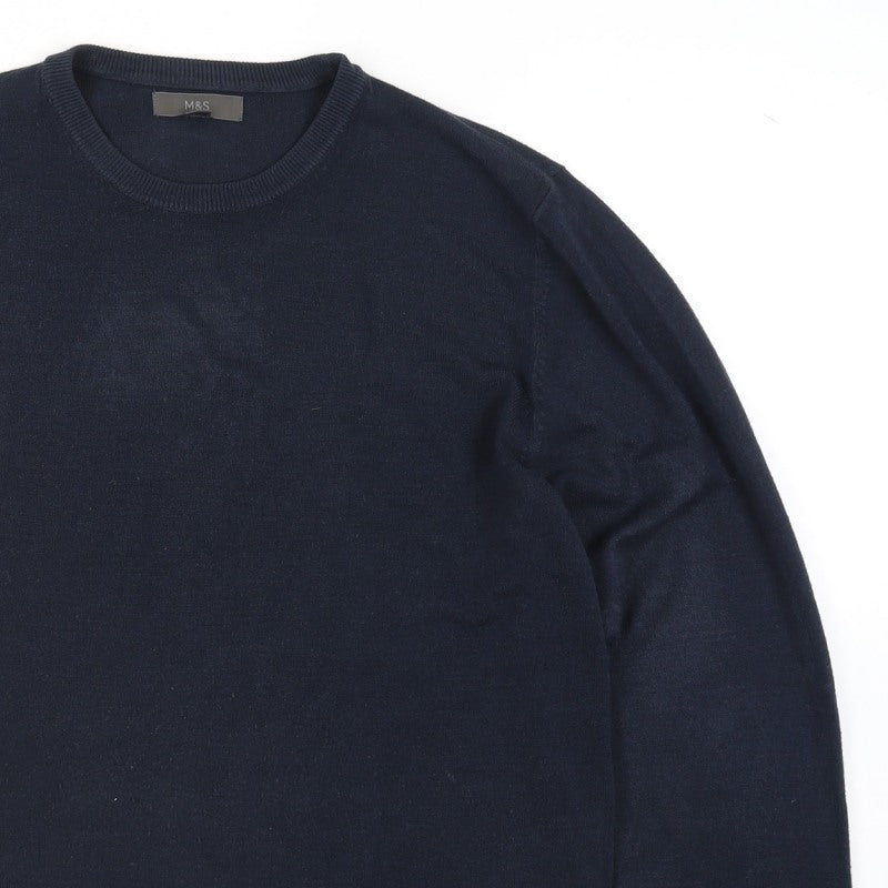 Marks and Spencer Men's Blue L Crew Neck Cotton Blend Jumper