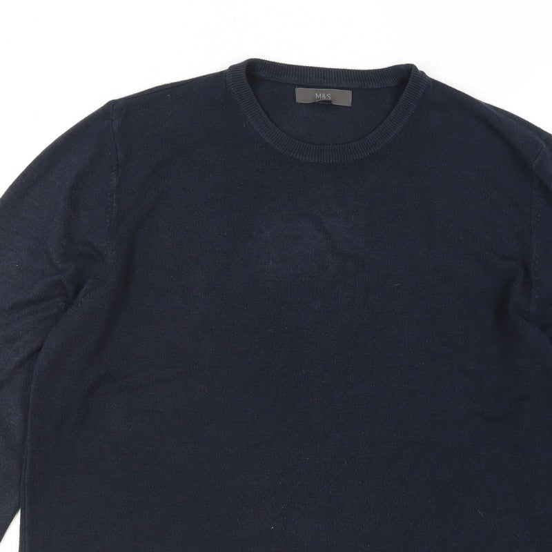 Marks and Spencer Men's Blue L Crew Neck Cotton Blend Jumper
