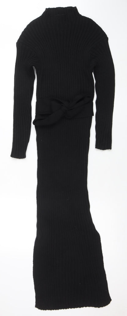 Boohoo Women’s Black Rib Knit Midi Bodycon Belted Dress M
