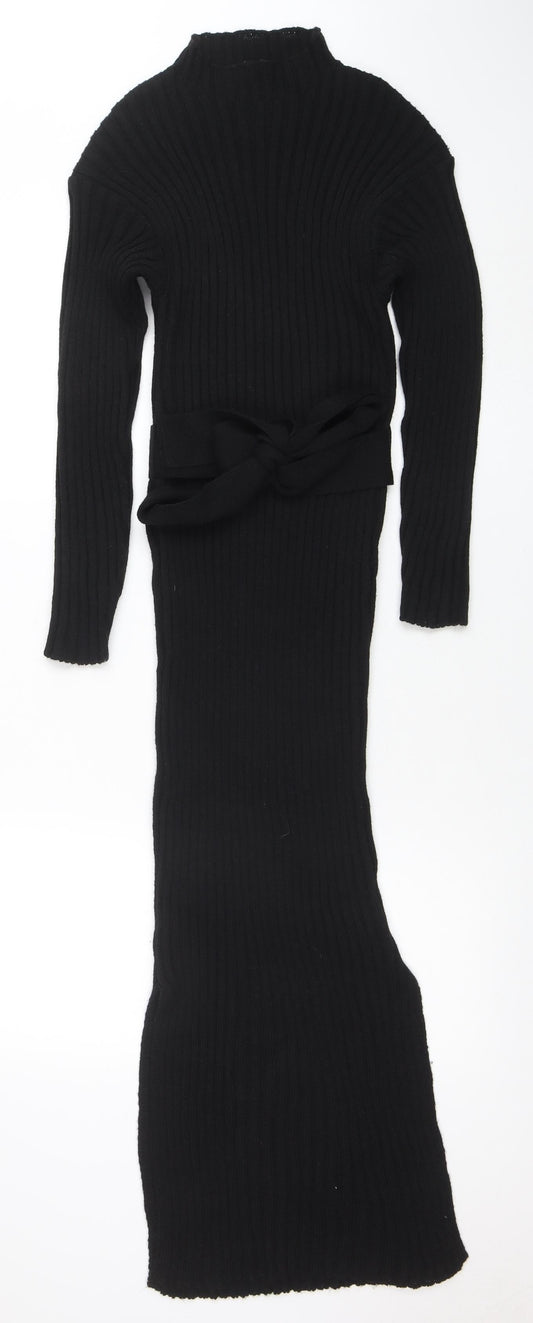 Boohoo Women’s Black Rib Knit Midi Bodycon Belted Dress M