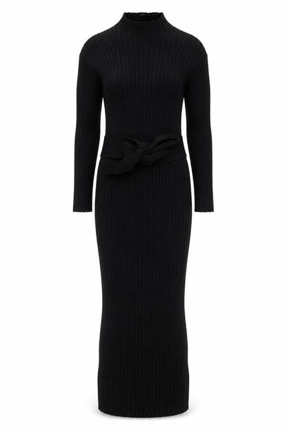 Boohoo Women’s Black Rib Knit Midi Bodycon Belted Dress M