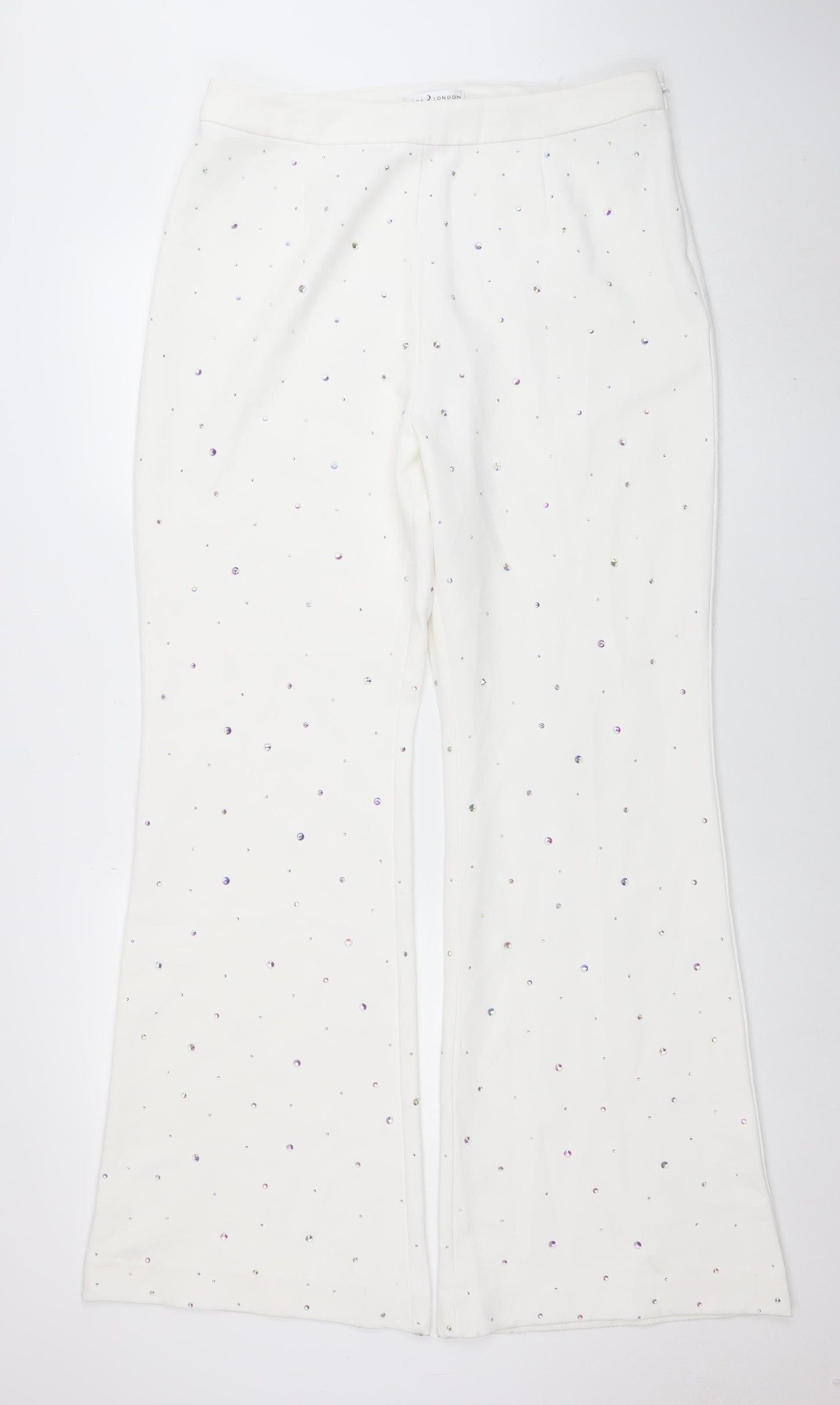 Rare London Women's White Rhinestone Wide-Leg Trousers Size 16