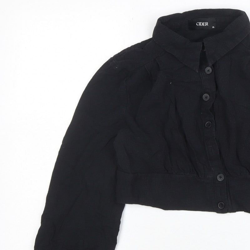 Cider Women Black Cropped Button-Up Long Sleeve Shirt XL