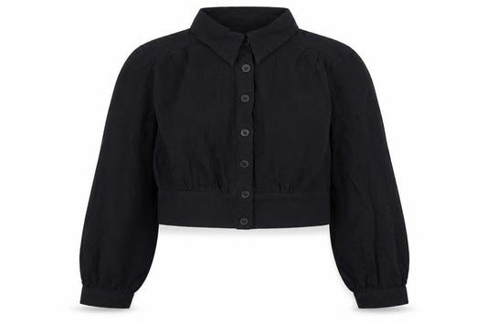 Cider Women Black Cropped Button-Up Long Sleeve Shirt XL