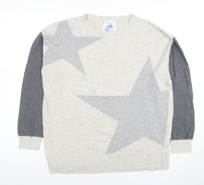 Woolovers Women Beige Star Pattern Crew Neck Wool Cotton Jumper Size 12