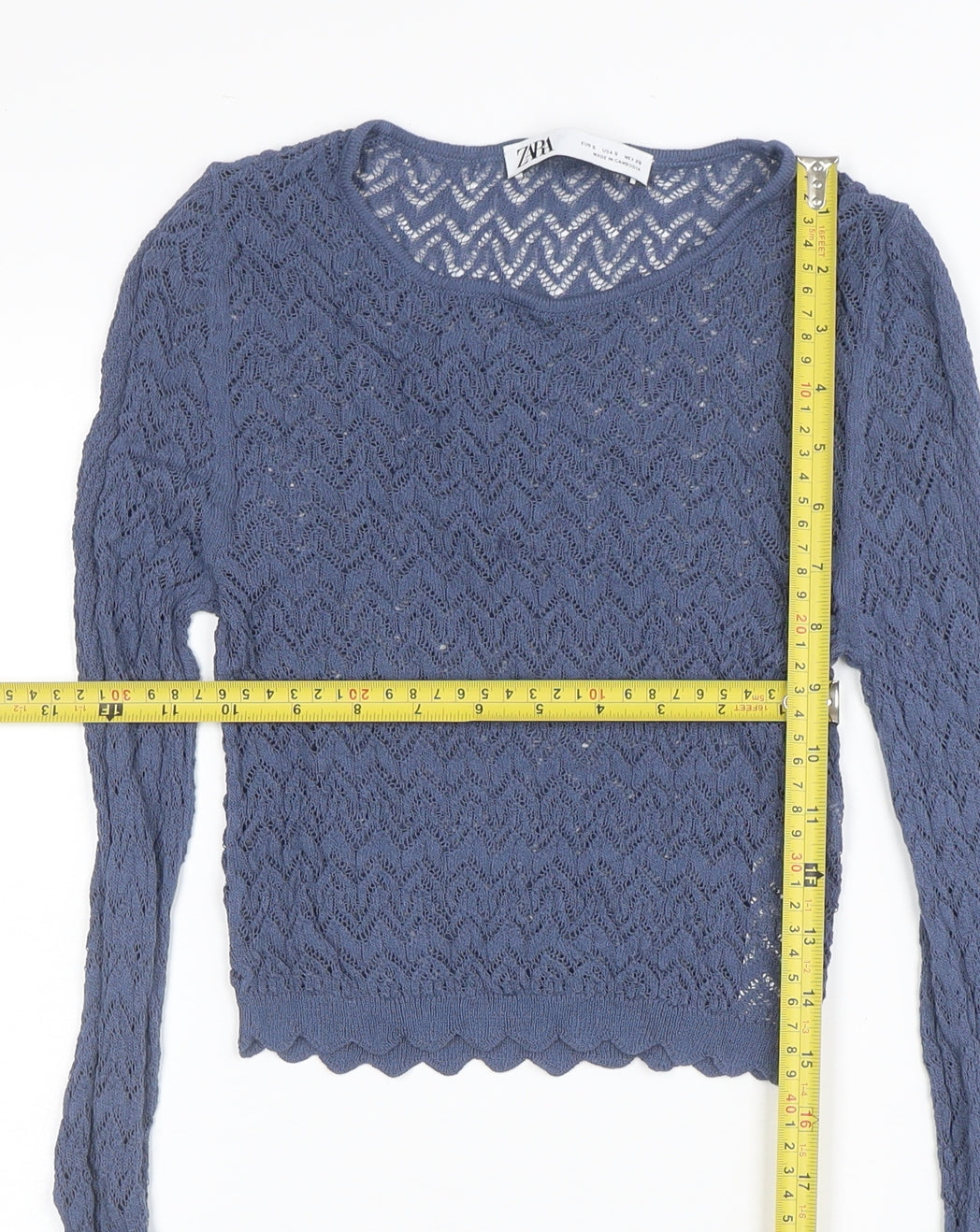 ZARA Womens Blue Crochet Knit Cropped Top Size S Long Sleeve