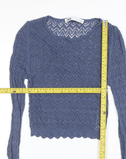 ZARA Womens Blue Crochet Knit Cropped Top Size S Long Sleeve
