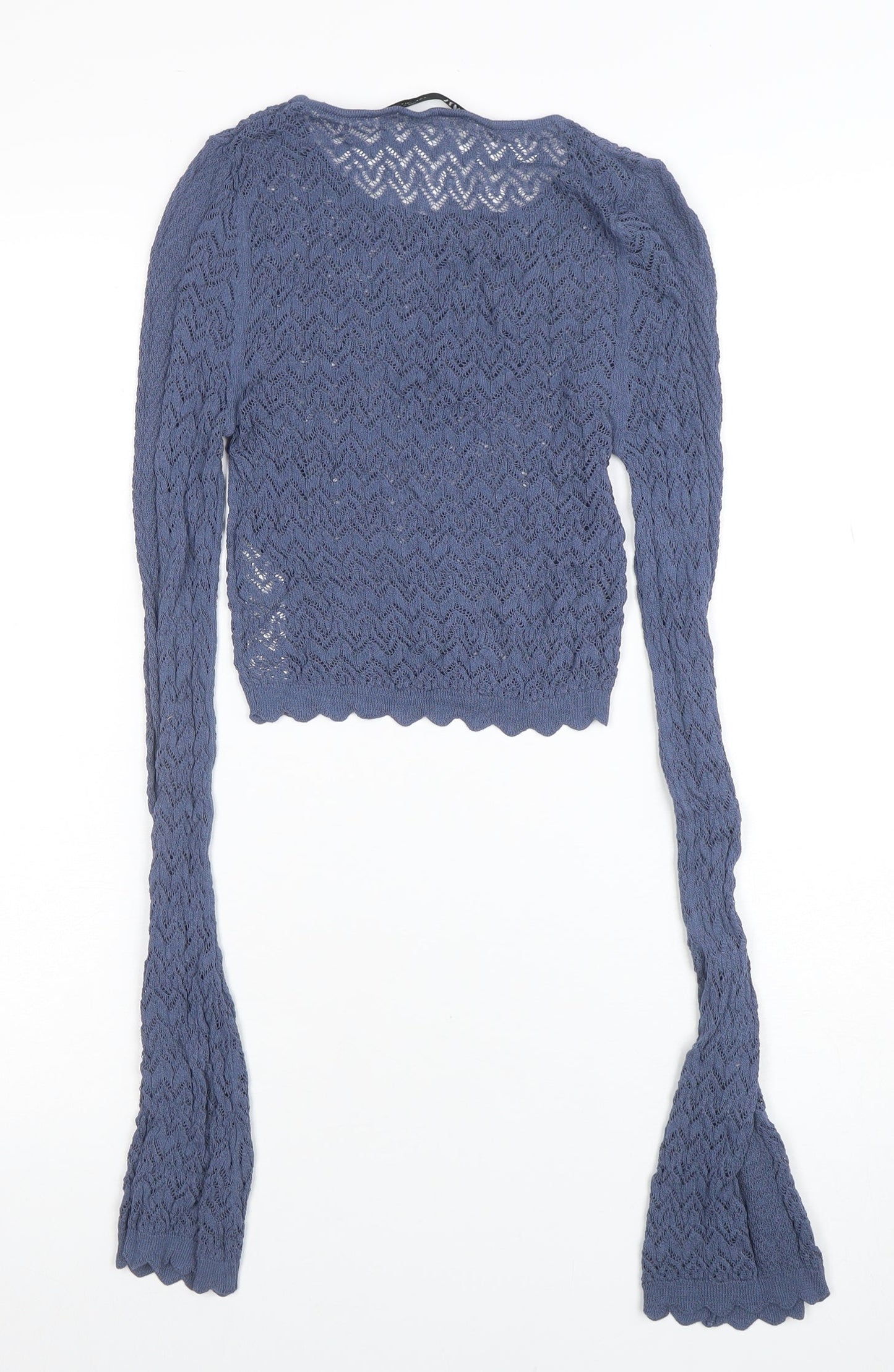ZARA Womens Blue Crochet Knit Cropped Top Size S Long Sleeve