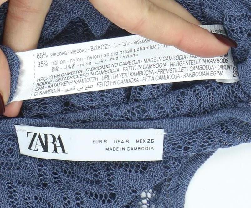 ZARA Womens Blue Crochet Knit Cropped Top Size S Long Sleeve