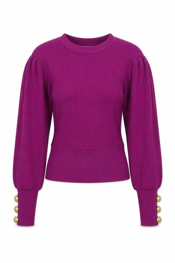 ZARA Women Purple Puff Sleeve Rib Knit Crew Neck Jumper Size 12