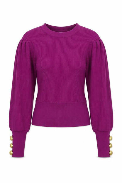 ZARA Women Purple Puff Sleeve Rib Knit Crew Neck Jumper Size 12