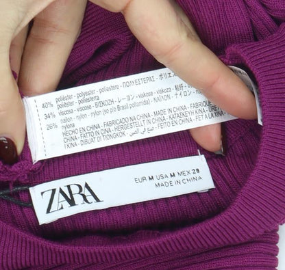ZARA Women Purple Puff Sleeve Rib Knit Crew Neck Jumper Size 12