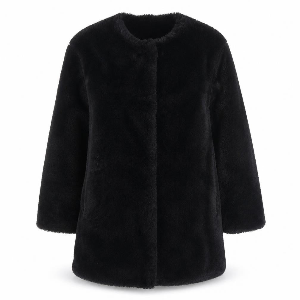 ZARA Women Black Faux Fur Mid-Length Coat XS