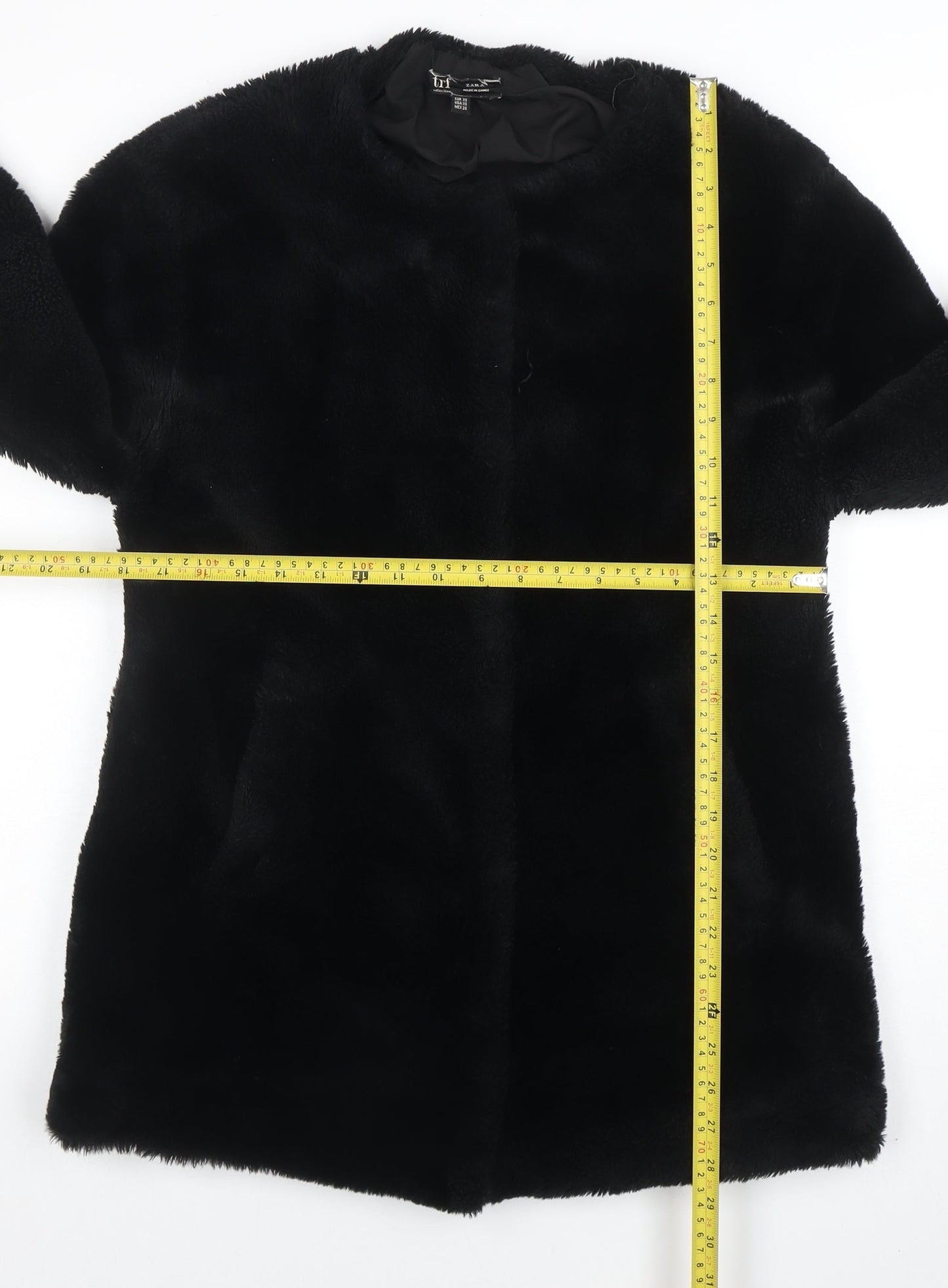ZARA Women Black Faux Fur Mid-Length Coat XS
