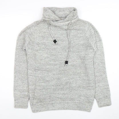 Pull & Bear Men's Grey Roll Neck Chunky Knit Jumper XS